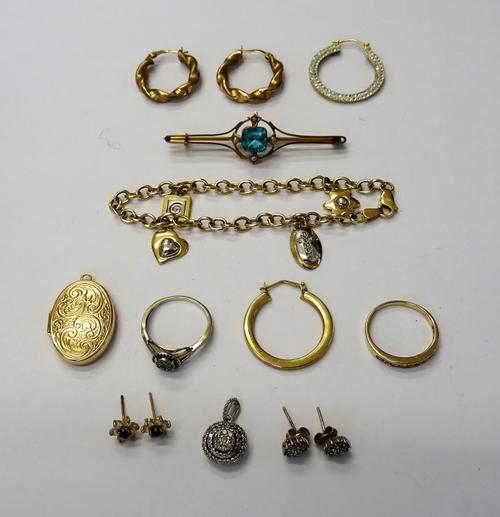 A 9ct gold oval link bracelet, fitted with four charms, a gold, seed pearl and pale blue gem set bar brooch, detailed 9 C, a 9ct gold and diamond eigh