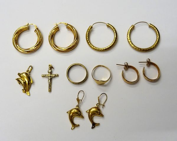 A group of mostly 9ct gold jewellery, comprising; three pairs of earrings, a pendant designed as two dolphins, a pair of earrings designed as dolphins