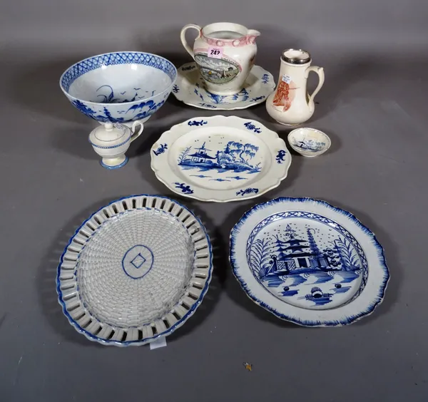 A 19th century Staffordshire Ironbridge gorge transfer printed jug and a small quantity of late 18th century pearlware, (qty).  S2M