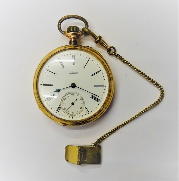 A gold cased, keyless wind, openfaced gentleman's pocket watch, the gilt jewelled lever movement detailed J.Assmann, Glashutte, No 8168, the inner and