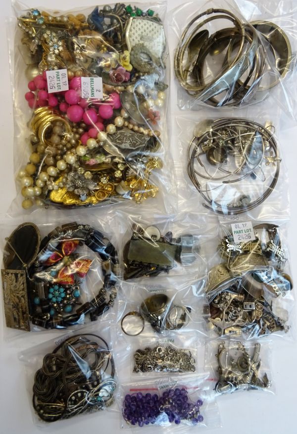 Silver and other jewellery, comprising; a curb link charm bracelet, with a heart shaped padlock clasp, five further bracelets, seven bangles, six ring