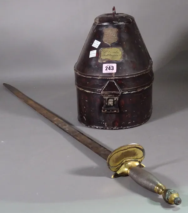 A 19th century tortoiseshell painted metal hat box by Meyer & Mortimer P.Combe 3rd Battalion  Hampshire Regiment and a 19th century Naval sword, (a.f.