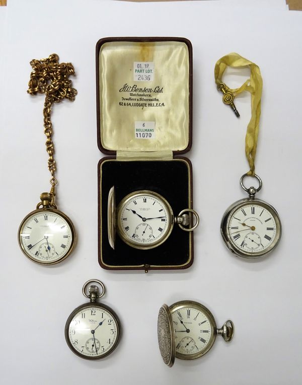 A J.W. Benson, London gentleman's silver hunting cased pocket watch, Birmingham 1928, with a J.W. Benson Limited box, a silver cased, key wind, openfa