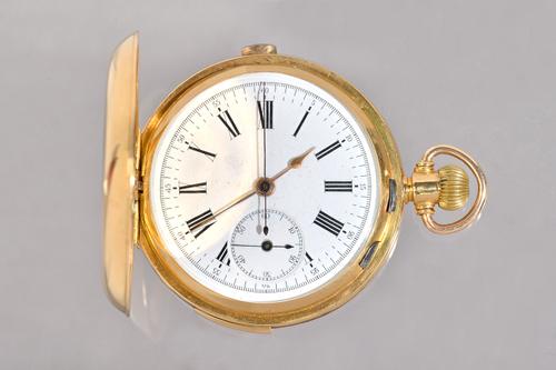 A gold cased, keyless wind, centre stop seconds, quarter repeating, hunting cased gentleman's pocket watch, with a gilt jewelled lever movement, the i