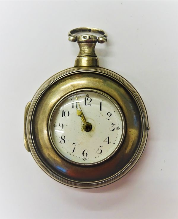 A George III silver pear cased, key wind, reduced aperture openfaced gentleman's pocket watch, the gilt fusee movement with a verge escapement, scroll