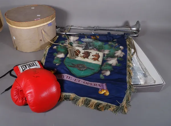 Collectables, including; a 20th century silvered metal horn with coat of arms on silk hanging, a boxing glove bearing signature, lace and sundry fabri