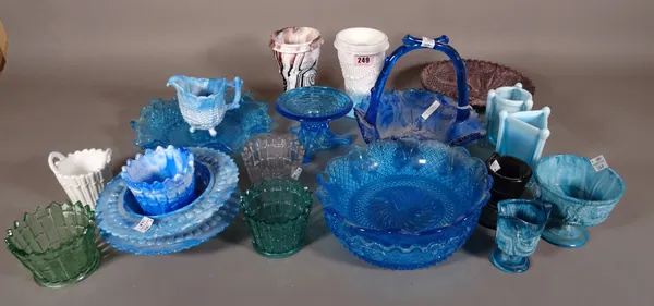 Glassware, comprising; predominately North East decorative coloured pressed glass in the Sowerby and Davidson manner, including plates, vases and sund