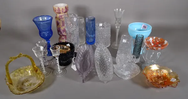 Glassware, including; mostly 20th century, a Whitefriars bark effect vase in the manner of Geoffrey Baxter, similar Whitefriars style vases, Carnival
