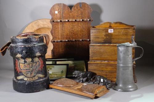 Collectables including; two 19th century oak spoon racks, armorial painted shot carrier, Indian carved book slide, bowl, four Alken prints, pewter tan