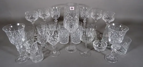 Glassware including;  20th century cut glass vases, jugs, wine goblets and tumblers, (qty).  S2M