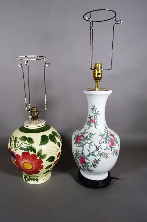 A 20th century Chinese baluster vase decorated with fruit and bats, converted to  a lamp, 45cm high and another lamp, 30cm high, (2).  S1M