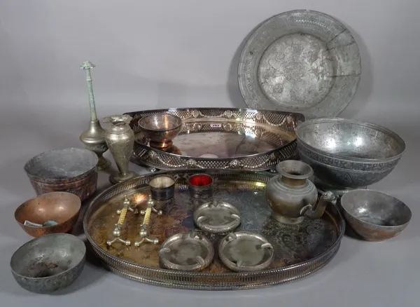 A quantity of silver plated items, to include trays, bowls and a quantity of Islamic silver plated items and sundry, (qty).  S1M