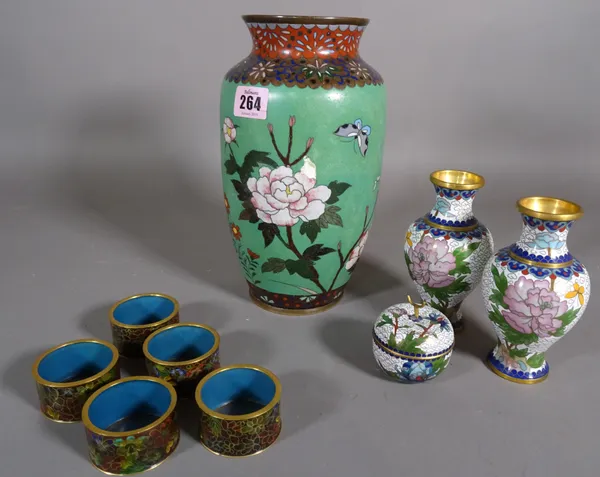 A pair of 20th century white cloisonne baluster vases, 13cm high with a matching lidded box, 46cm high, another larger cloisonne vase 25cm high and a