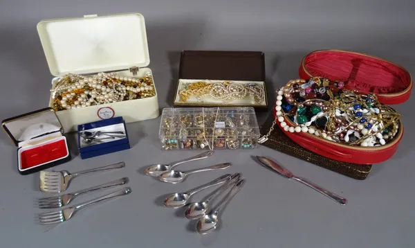 A quantity of mostly 20th century costume jewellery and a quantity of silver plated flatware, (qty).  CAB