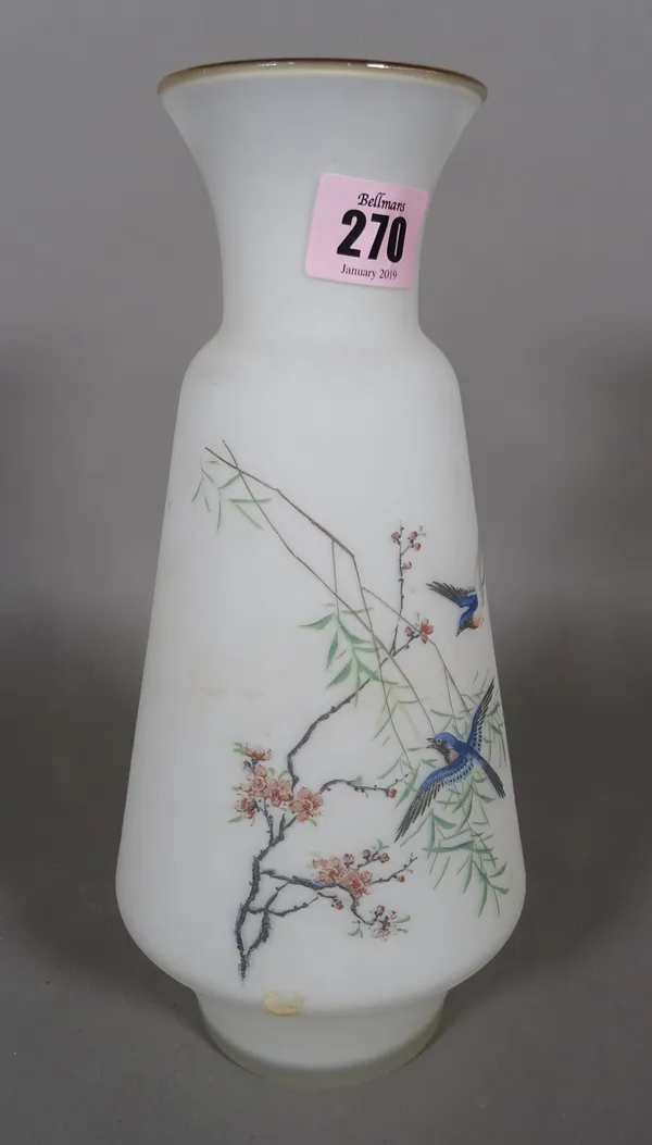 A 20th century Chinese frosted glass vase decorated with two birds with four character marks and red seal mark, 26cm high.  CAB
