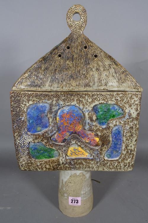 A Studio pottery lamp base with shade, signed Sienna, 50cm high.  S1M