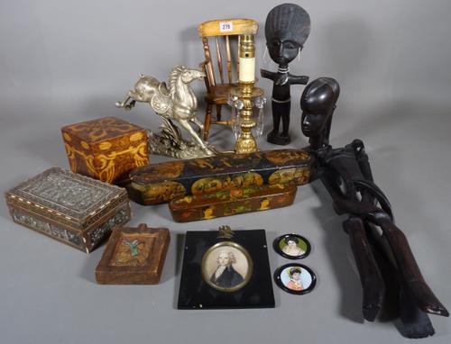 Collectables, comprising; a miniature open armchair, a group of three African hardwood figures, a Regency style table lamp with glass drops, an Indian
