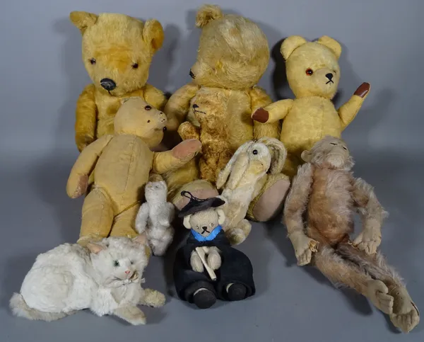A group of seven early 20th century Teddy bears, a monkey, a cat and a rabbitt, (10).  S1M