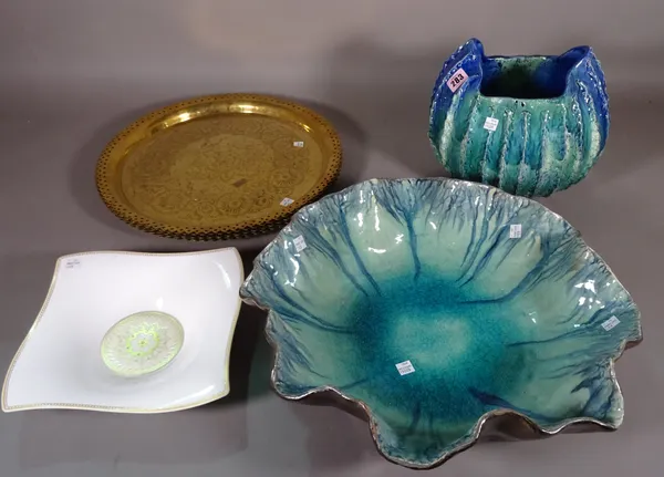 Studio Pottery and ceramics, including; a Christine Viennet vase, 25cm high, a large bowl 45cm wide a Villeroy and Boch bowl, six brass trays and sund