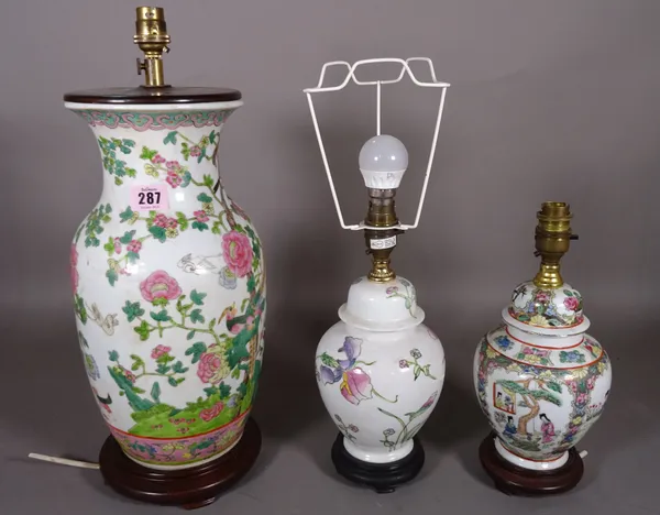 A group of three 20th century Chinese baluster vases, converted to lamps of various sizes, the largest 40cm high, (3).  C5