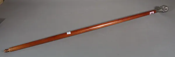 A 20th century mahogany walking stick, the silver plated mount formed as a pangolin, 95cm long  CAB