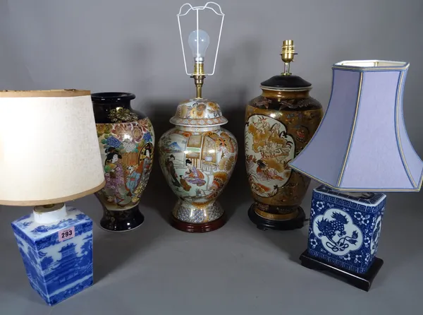 A 20th century Chinese baluster vase, decorated with butterflies, converted into a lamp, two blue and white rectangular lamps, a Satsuma cobalt blue v