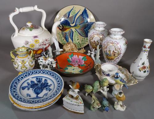 Ceramics, including; a quantity of Royal Worcester birds, a Continental plate decorated with a fish, a large Spode teapot, a pair of Contnental vases,