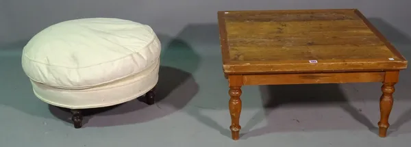 A 20th century pine coffee table, 75cm wide x 38cm high and an early 20th century mahogany framed circular footstool, 60cm wide x 35cm high. (2)   H8