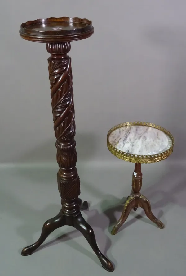 A 20th century carved mahogany torchere stand, 28cm wide x 117cm high and a marble top tripod table with brass galleried top, 34cm wide x 58cm high, (