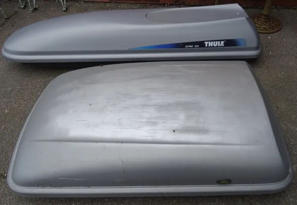 Thule Alpine 500; a 20th century roof box 210cm long and a Land Rover roof box, 156cm long.  OUT