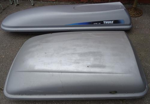 Thule Alpine 500; a 20th century roof box 210cm long and a Land Rover roof box, 156cm long.  OUT