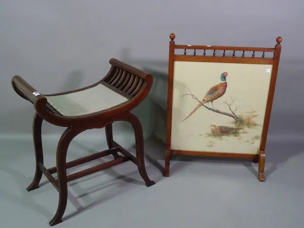 An Edwardian inlaid mahogany 'X' frame stool, together with a fire screen, inset with pheasants painted on silk, 59cm wide x 89cm high.  F5