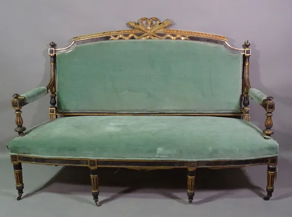 A Regency polychrome painted sofa with ribbon tied crest on fluted tapering supports, 165cm wide.   C7
