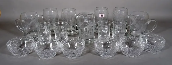 Glassware, including; cups, bowls and etched tankards, (qty).  S2T