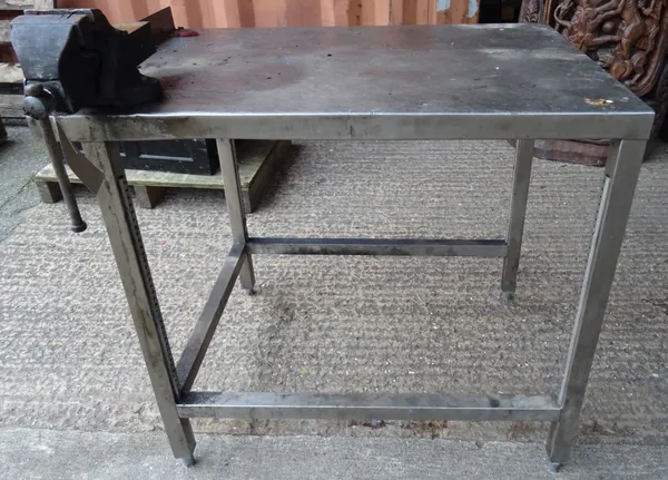 A 20th century steel work bench with fixed vice, 88cm wide x 80cm high.  OUT