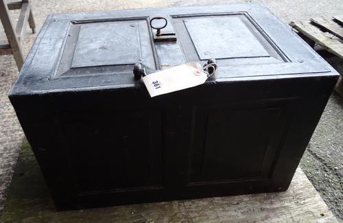 An early 20th century black painted cast iron strong box, 61cm wide x 37cm high.  OUT