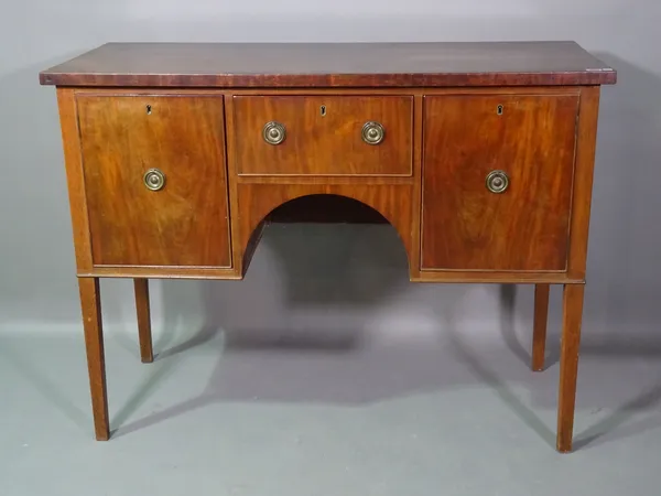 A 19th century three drawer sideboard, on tapering square supports, 121cm wide x 92cm high.  C7