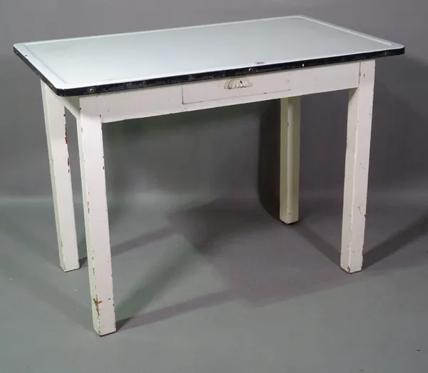 A 20th century white painted rectangular side table with white enamel top on square block supports, 106cm wide x 78cm high.   BAY 1