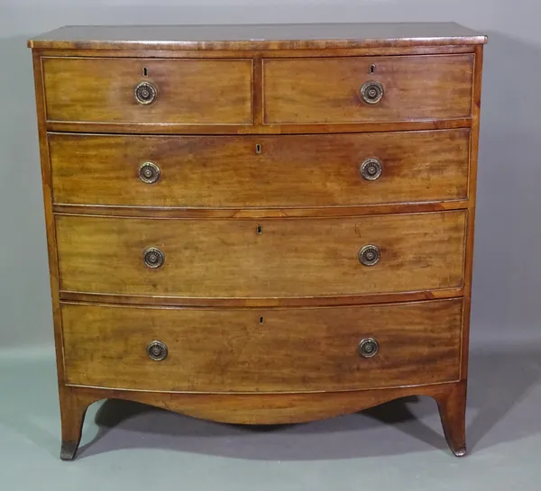 A George III mahogany bowfront chest of two short and three long graduated drawers, 104cm wide x 109cm high.   F7