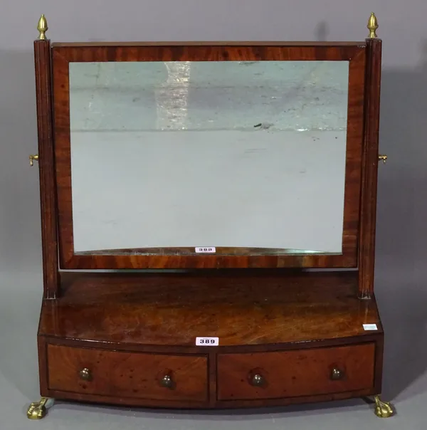 A Regency mahogany toilet mirror with bow two drawer base, 49cm wide x 50cm high.   C7