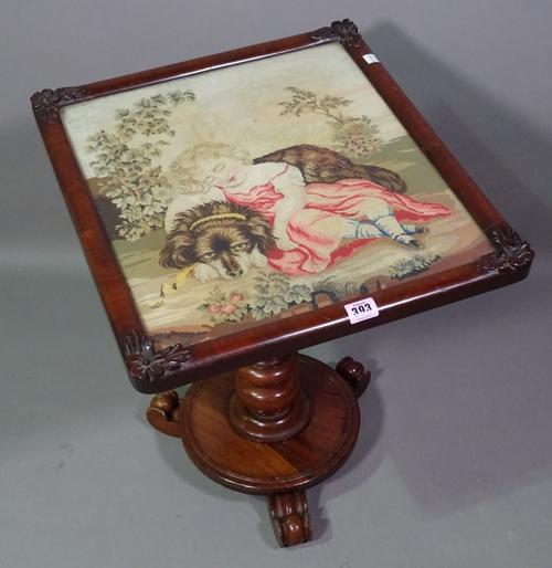 A Victorian mahogany occasional table with tapestry inset panel on plinth base, 50cm wide x 57cm high. D7