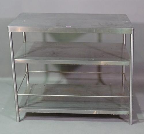 A 20th century three tier steel side table, 88cm wide x 74cm high.   BAY 1