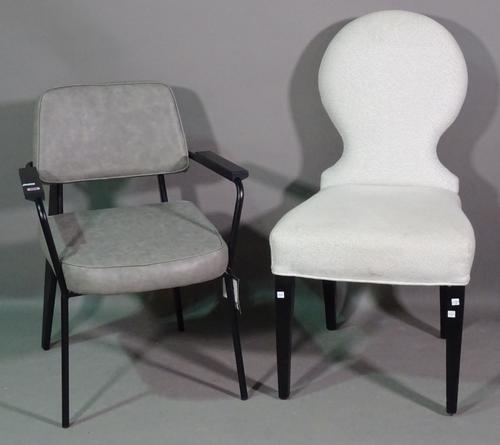 Fifty Five South; a 20th century metal framed open armchair with faux grey leather upholstery and a spoonback dining chair, (2).   J7
