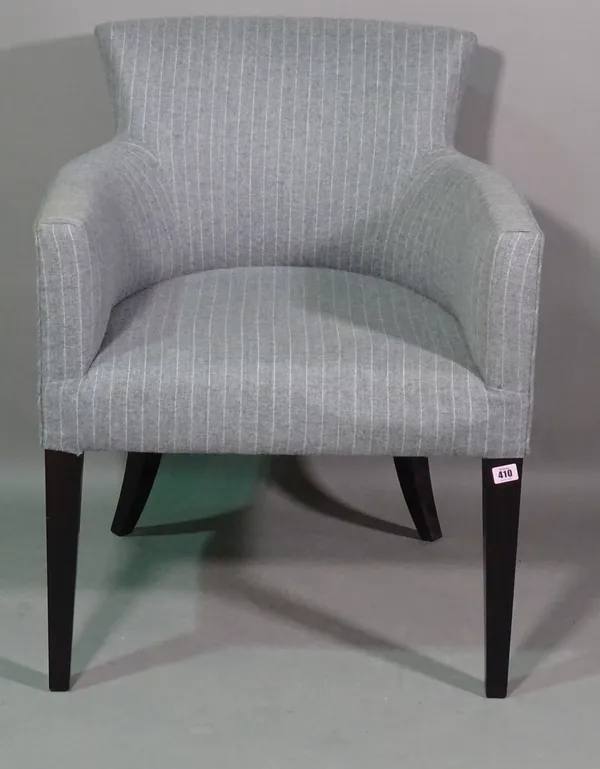 A 20th century hardwood framed tub armchair with grey striped upholstery.   J7