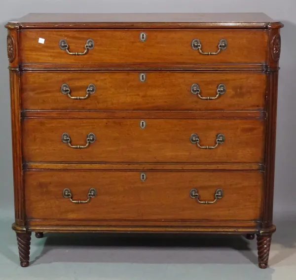 A Louis XVI style mahogany chest of four long graduated drawers on spiral twisted supports, 96cm wide x 94cm high.  K7