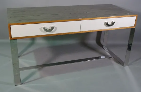 A 20th century simulated rosewood two drawer desk on a chrome 'H' frame base, 161cm wide x 77cm high.  F9