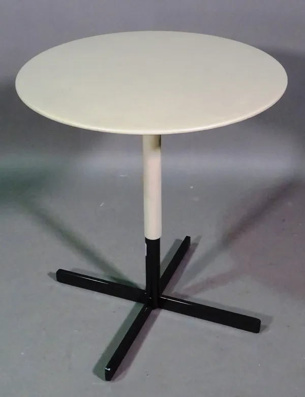 Poltrona Frau; a 20th century Italian circular side table with grey leather top on metal 'X' frame base, 45cm wide x 53cm high.   K8