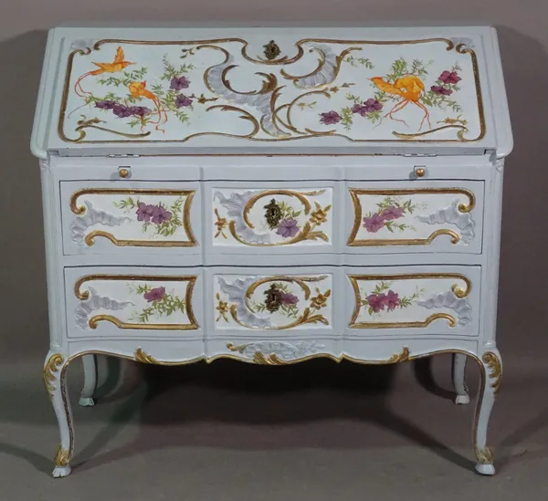 A 20th century French style blue painted bureau with two long drawers decorated with birds and flowers, 95cm wide x 90cm high.   H6