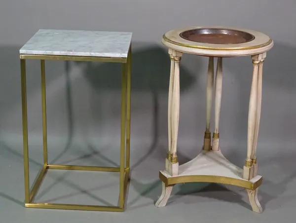 A 20th century brass square side table with white marble top, 40cm wide x 65cm high and a 20th century white painted and parcel gilt circular jardinie