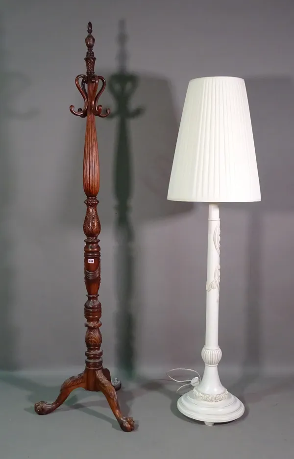 A Regency style mahogany hat stand on ball and claw feet, 208cm high and a 20th century white painted standard lamp on circular plinth base, 177cm hig